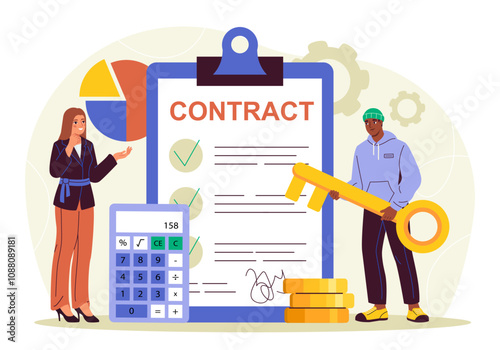 Loan application form. Woman and man with key near financial document. Mortgage and loan, credit. Financial insurance agreement. Flat vector illustration