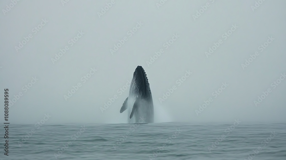 Fototapeta premium Humpback whale breaching in misty ocean.