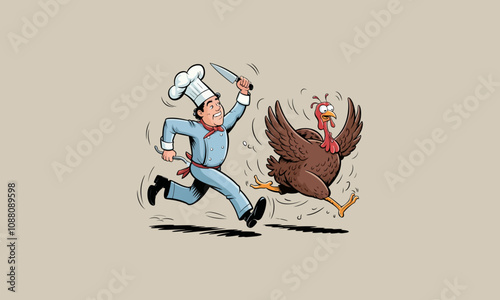 Chef chasing turkey with knife in a humorous scene