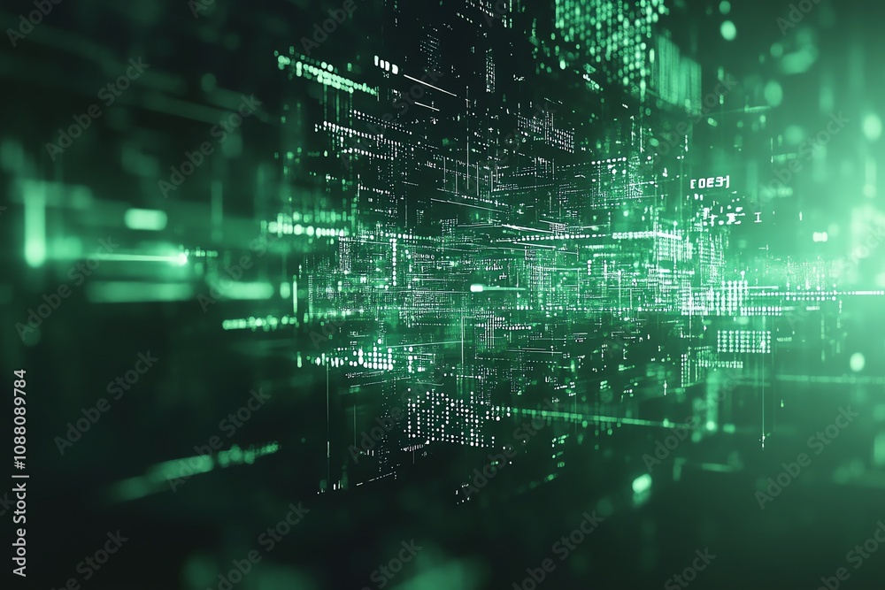 Abstract green digital data stream flowing through a futuristic cyberspace. Abstract green digital data stream flowing through a futuristic cyberspace.