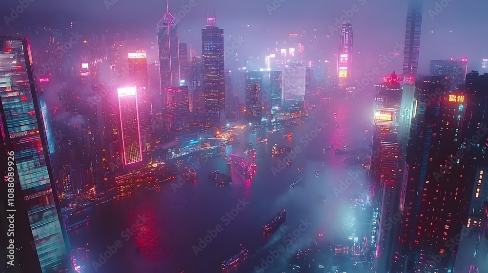 A vibrant night view of a futuristic cityscape with colorful neon lights. A vibrant night view of a futuristic cityscape with colorful neon lights.