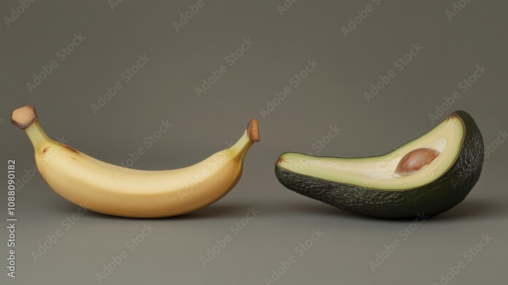 Fresh Banana and Avocado Halves on Plain Background Fresh Banana and Avocado Halves on Plain Background