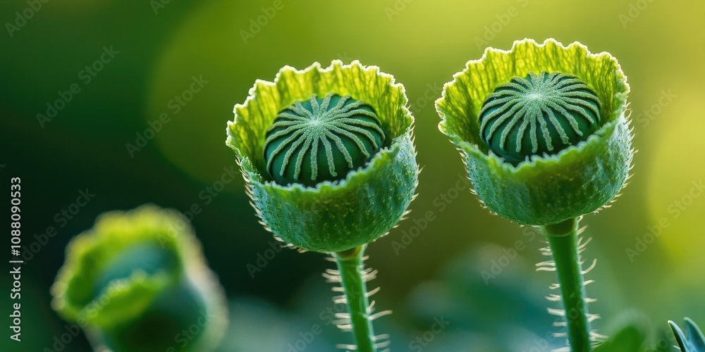 Green poppies in the garden against a bright green backdrop. Green poppy capsules. Close-up of ripe poppies. Macro nature. Beautiful poppy seeds. Green poppy heads. Green poppies in the garden against a bright green backdrop. Green poppy capsules. Close-up of ripe poppies. Macro nature. Beautiful poppy seeds. Green poppy heads.