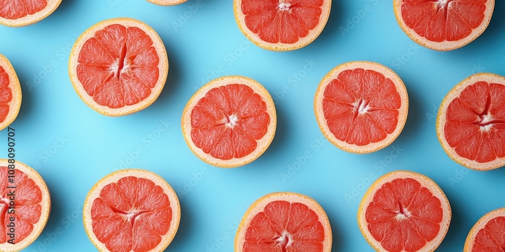 Grapefruit pattern on a blue backdrop. Top view. Creative design, minimal flat lay concept. Summer season. Tropical travel, exotic fruit. Vegan and vegetarian cuisine.