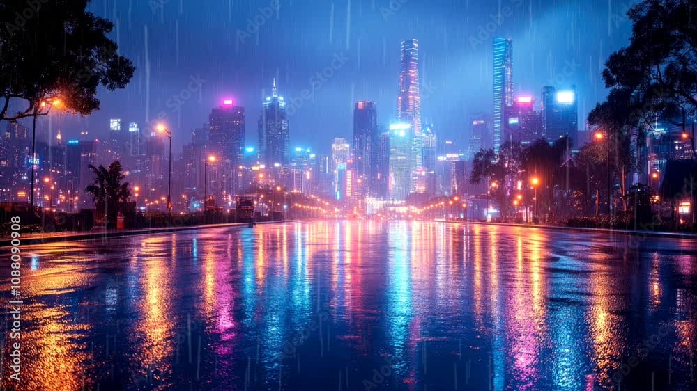 A vibrant city skyline illuminated by colorful lights during a rainy night. Seamless looping 4k video animation background A vibrant city skyline illuminated by colorful lights during a rainy night. Seamless looping 4k video animation background