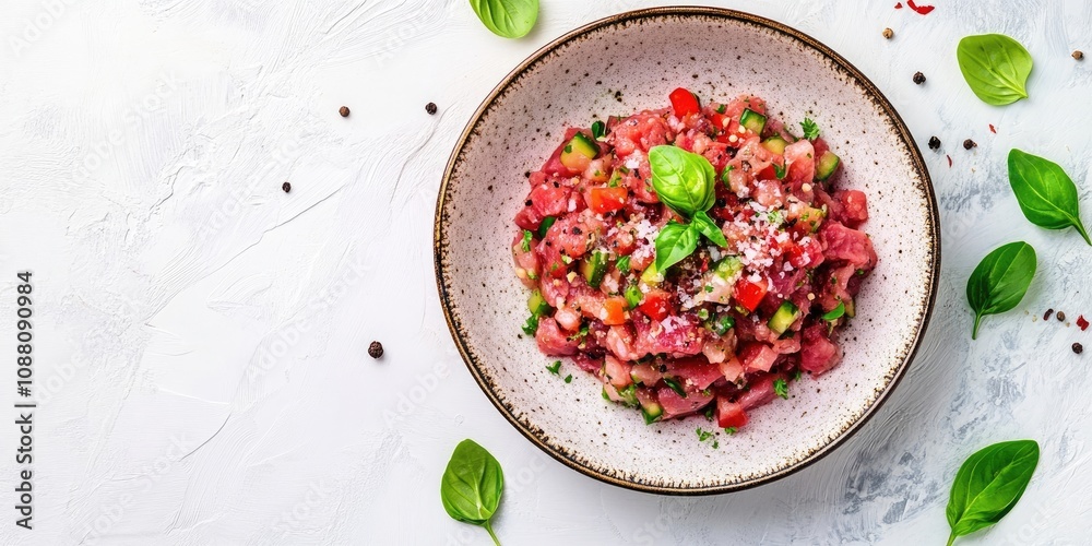 Beef steak tartare on a light background. Concept of French cuisine. Top view, flat lay, copyspace. Beef steak tartare on a light background. Concept of French cuisine. Top view, flat lay, copyspace.