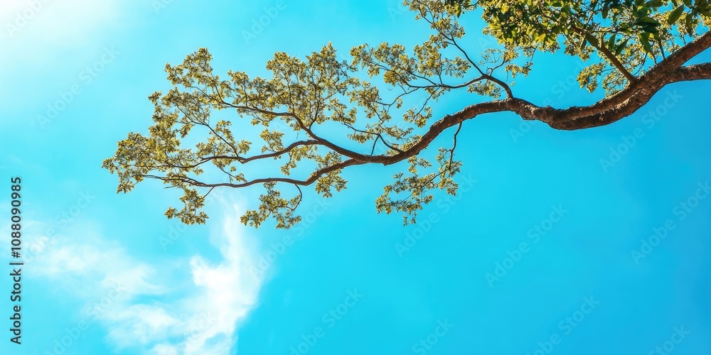 Fototapeta premium A tree branch against a tropical blue sky with copyspace.