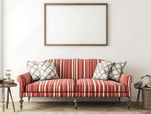 Red Striped Sofa With Wooden Frame And Pillows photo