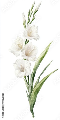 Fototapeta Naklejka Na Ścianę i Meble -  Elegant White Gladiolus Flowers Watercolor Painting Botanical Illustration Floral Art