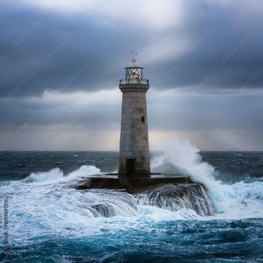 single lighthouse in middle of ocean crashing waves single lighthouse in middle of ocean crashing waves