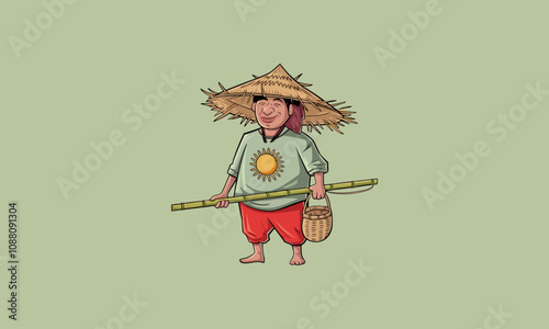 Happy farmer with straw hat and fishing rod