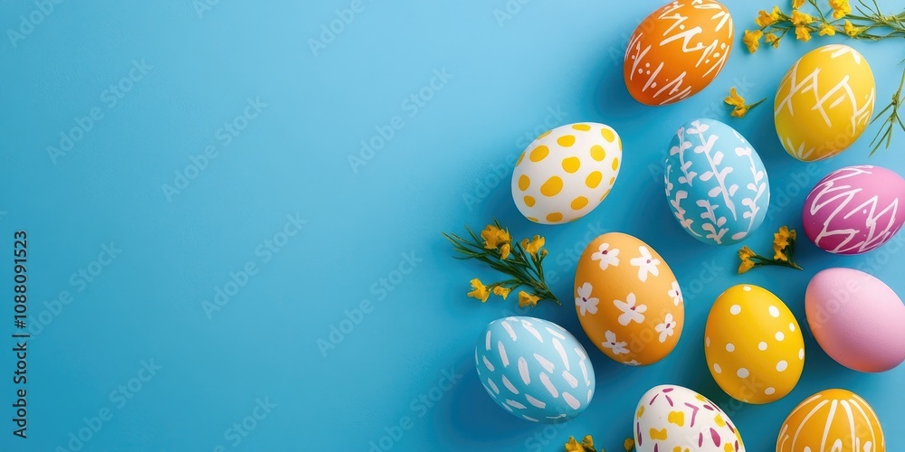 Easter eggs on a vibrant blue backdrop Easter eggs on a vibrant blue backdrop