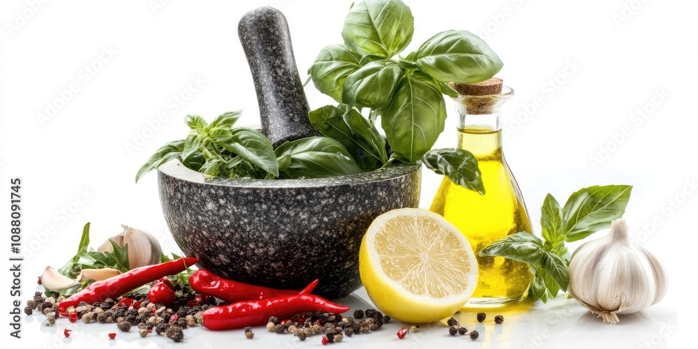 Φωτογραφία Fresh garden basil herbs in a mortar with olive oil, garlic, red hot chili peppers, and lemon set against a white background