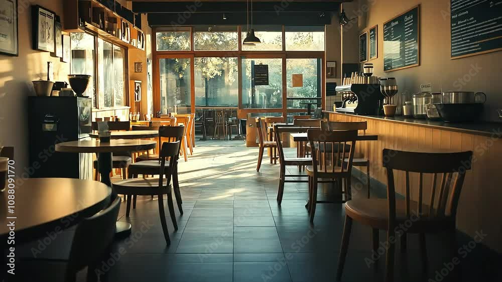A cozy caf? interior with wooden tables and chairs, large windows allowing natural light, and a minimalist design, creating a warm atmosphere for relaxation or socializing. A cozy caf? interior with wooden tables and chairs, large windows allowing natural light, and a minimalist design, creating a warm atmosphere for relaxation or socializing.