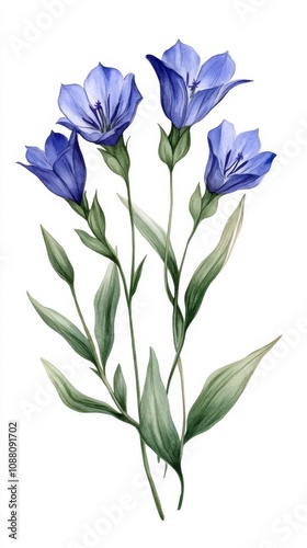 Elegant Gentiana Flowers Botanical Illustration Blue Flowers Watercolor Painting Floral Art Nature