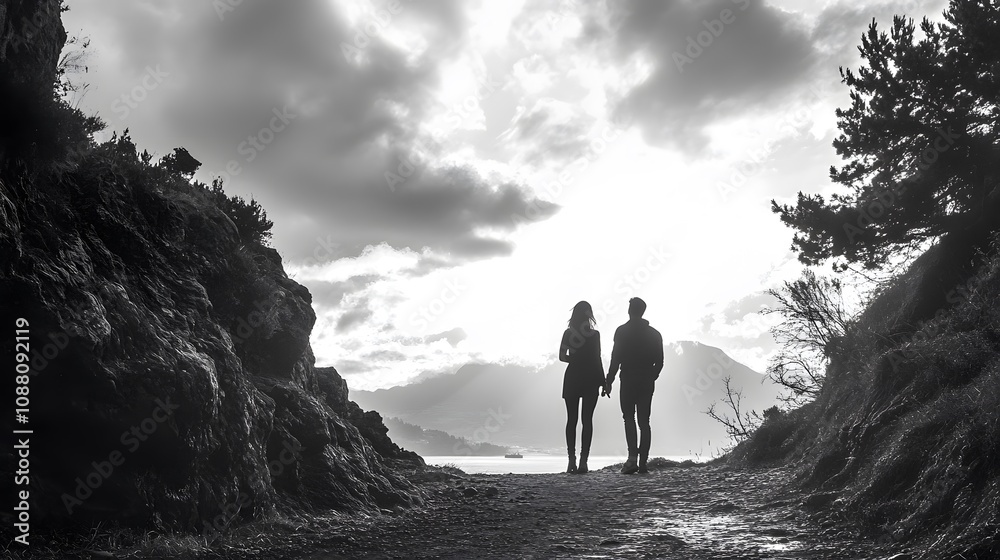 Silhouette of a couple walking hand in hand along a scenic coastal trail. Silhouette of a couple walking hand in hand along a scenic coastal trail.