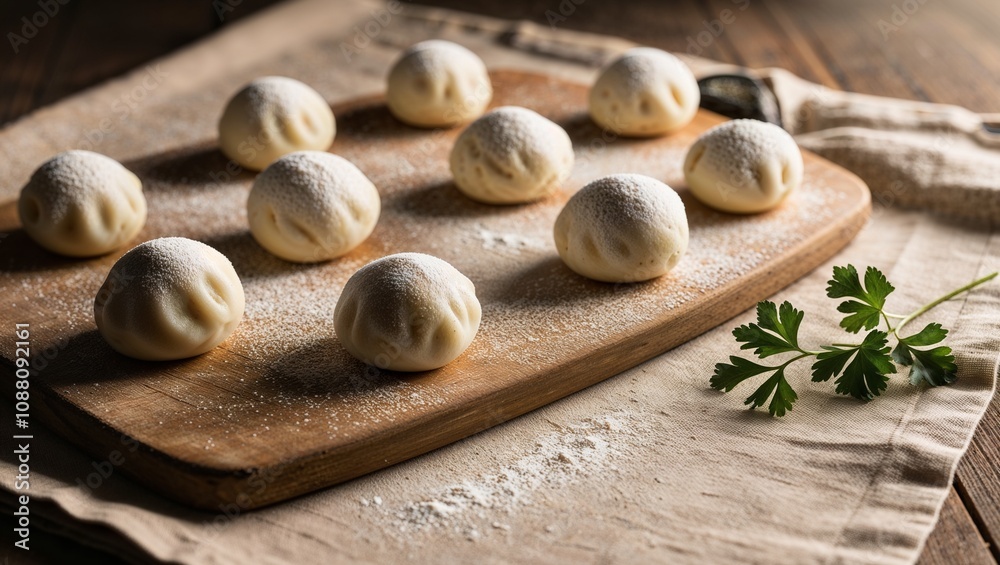 Nine flour-dusted dough balls on wooden board with parsley sprig Nine flour-dusted dough balls on wooden board with parsley sprig