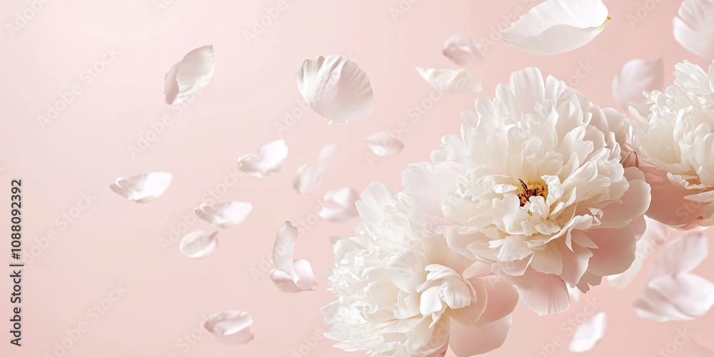 Beautiful white peony flowers and petals in flight against a light pink pastel background with copy space. A creative floral layout for spring. Spring blossom backdrop.