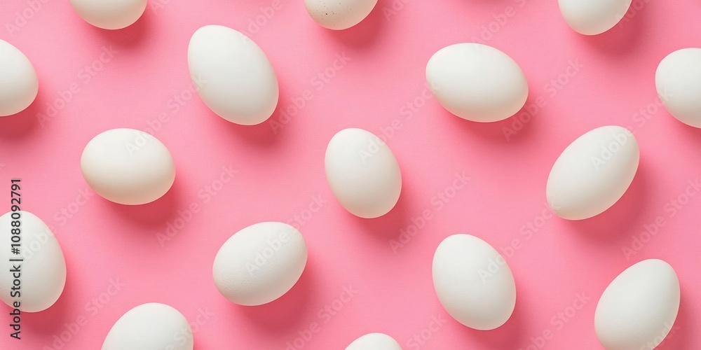Food arrangement featuring white chicken eggs against a pink backdrop. Top view. Creative minimalist pattern. Flat lay. Food arrangement featuring white chicken eggs against a pink backdrop. Top view. Creative minimalist pattern. Flat lay.