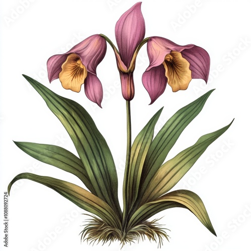 Vintage Botanical Illustration Masdevallia Orchid Pink Flower Isolated Clipart photo