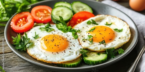 Breakfast with eggs, tomato, and cucumber