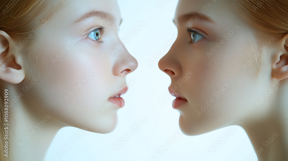 Two young women face each other, showcasing flawless skin and similar features. Two young women face each other, showcasing flawless skin and similar features.