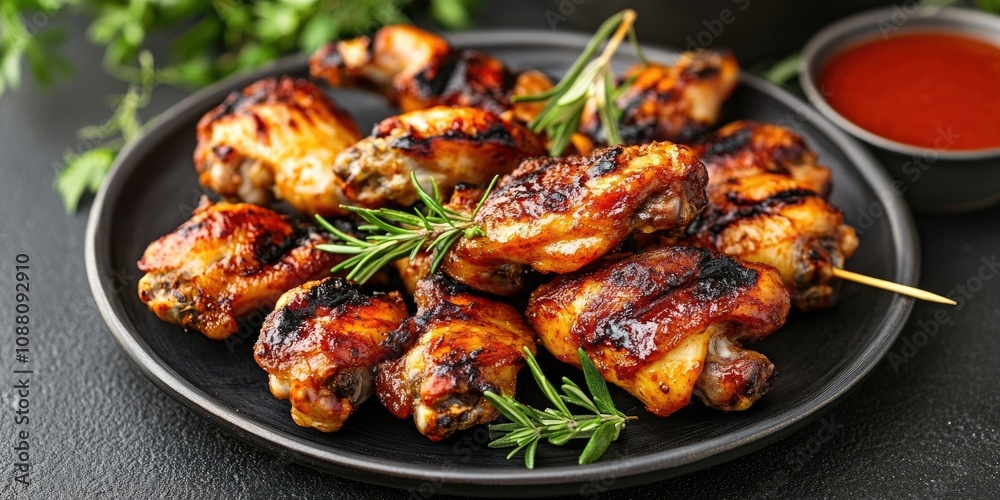 grilled or barbecue chicken wings skewered on a plate