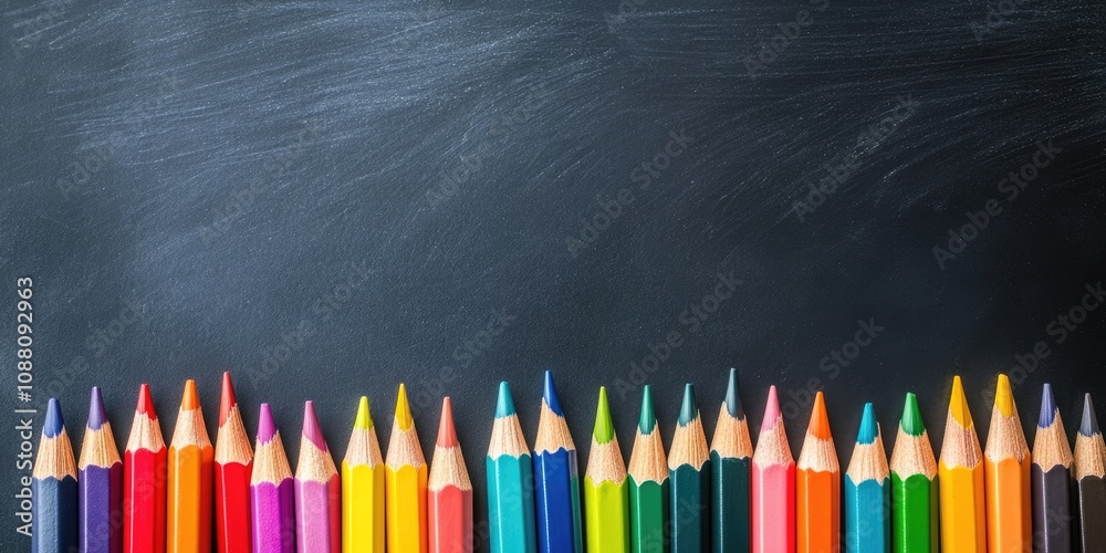 Group of Objects Close Up Concept Back to School Colorful Pencils Notebook Black Chalkboard Background Behind. Design Copyspace Educational Supplies Group of Objects Close Up Concept Back to School Colorful Pencils Notebook Black Chalkboard Background Behind. Design Copyspace Educational Supplies