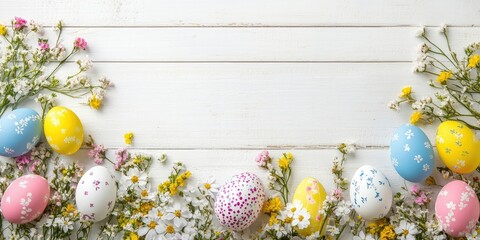 Vibrant Easter eggs and spring blooms. A top view with a side border set against a white wooden backdrop. Copy space.