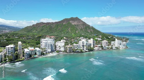 Oceanfront hotels and condos on the Gold Coast with Diamond Head at the edge of Waikiki in Honolulu on Oahu, Hawaii