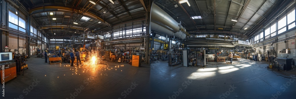 In a large industrial workshop, workers are focused on welding tasks, producing bright sparks amid machinery and equipment during the day. Generative AI In a large industrial workshop, workers are focused on welding tasks, producing bright sparks amid machinery and equipment during the day. Generative AI