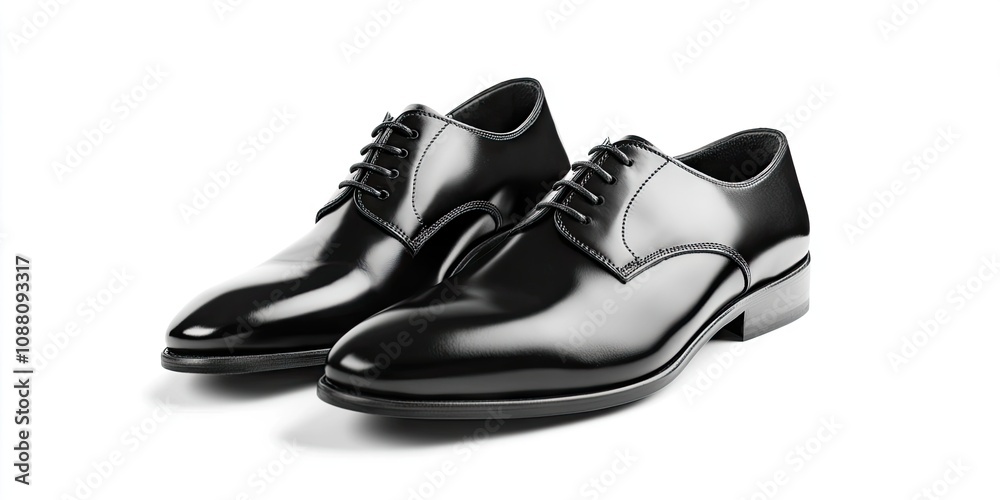A pair of black formal lace-up shoes shown against a white background. A pair of black formal lace-up shoes shown against a white background.