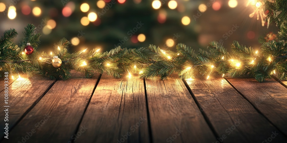 A Christmas tree garland shines on a rustic wooden table, creating a festive background. A Christmas tree garland shines on a rustic wooden table, creating a festive background.
