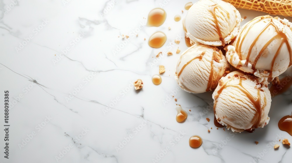 Scoops of ice cream with caramel sauce and cone on white marble table, closeup. Space for text Scoops of ice cream with caramel sauce and cone on white marble table, closeup. Space for text