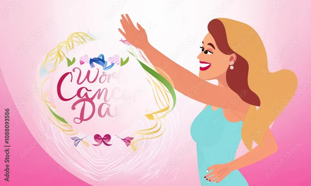 Animation of world cancer day over happy caucasian woman on pink background Animation of world cancer day over happy caucasian woman on pink background