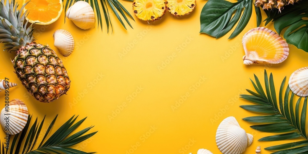 Summer fruit background design idea. Top view of a holiday beach scene featuring shells, pineapple, and palm leaves on a yellow background. Summer fruit background design idea. Top view of a holiday beach scene featuring shells, pineapple, and palm leaves on a yellow background.