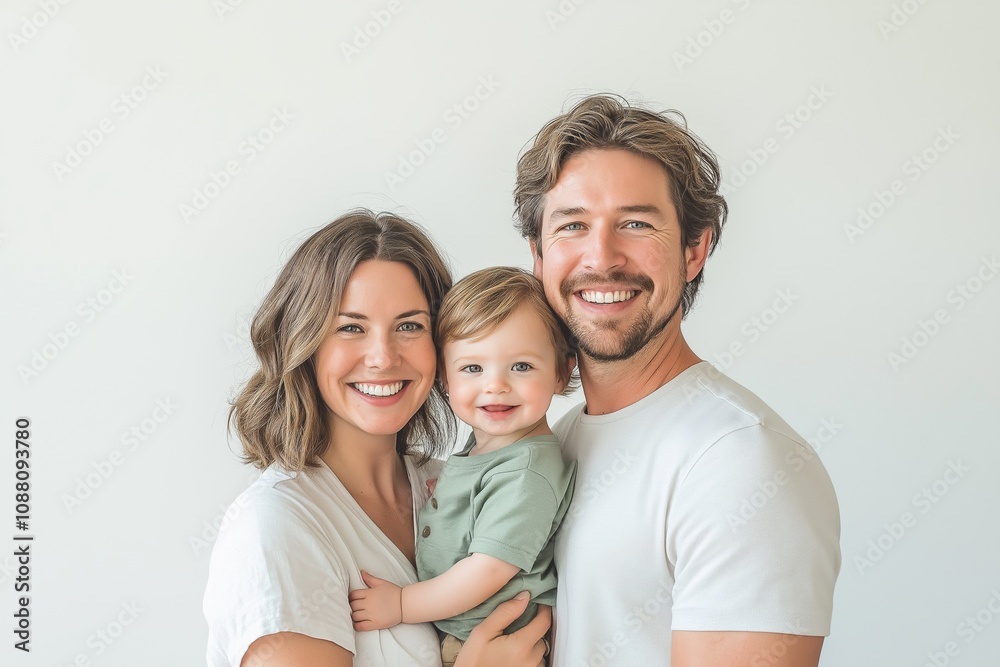 Happy family of three smiling together against a minimalistic white background in a bright and cheerful setting Happy family of three smiling together against a minimalistic white background in a bright and cheerful setting