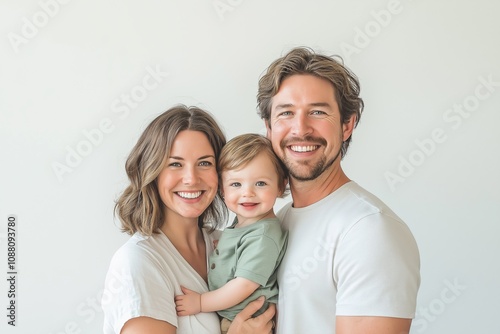 Happy family of three smiling together against a minimalistic white background in a bright and cheerful setting