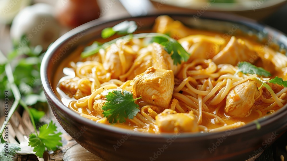 A vibrant bowl of noodles in a flavorful sauce, garnished with chicken and fresh herbs, evoking a warm and comforting meal experience. A vibrant bowl of noodles in a flavorful sauce, garnished with chicken and fresh herbs, evoking a warm and comforting meal experience.