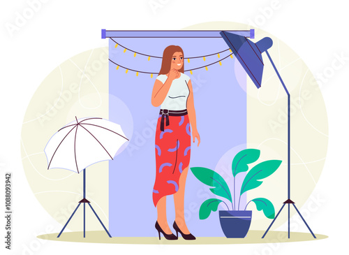 Model at photo studio. Woman with spotlights and photographic equipment. Fashionable photosession. Aesthetics and elegance, fashion. Flat vector illustration