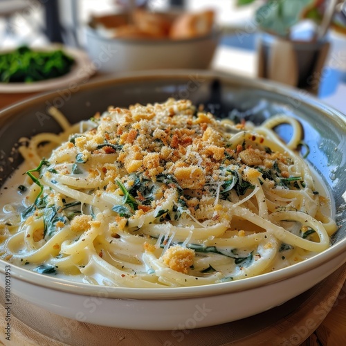 A creamy pasta dish topped with crunchy breadcrumbs and herbs, served in a stylish bowl, perfect for a comforting meal.