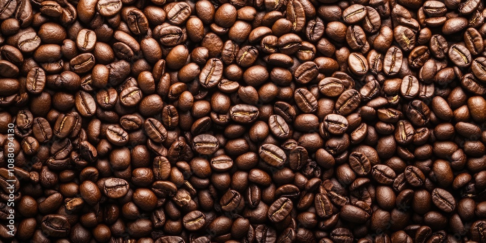 Obraz premium Top view of brown roasted coffee beans, usable as a background, with copy space for text.