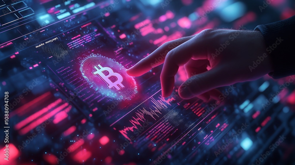 Hand interacting with a glowing Bitcoin symbol on a futuristic digital screen. Hand interacting with a glowing Bitcoin symbol on a futuristic digital screen.