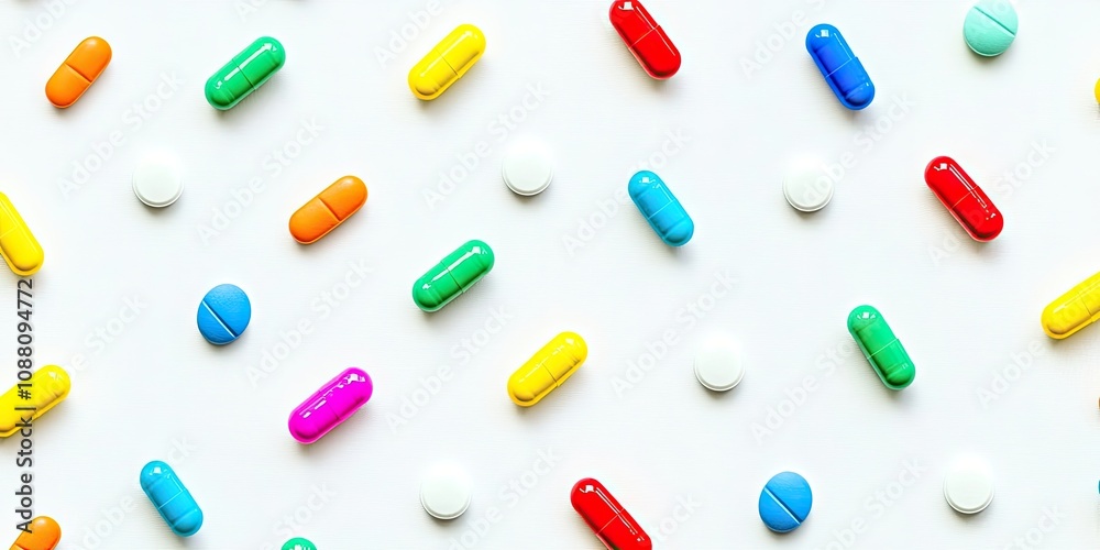 Color capsules. Medicine pills on a white background in a top view pattern with copy space. Color capsules. Medicine pills on a white background in a top view pattern with copy space.