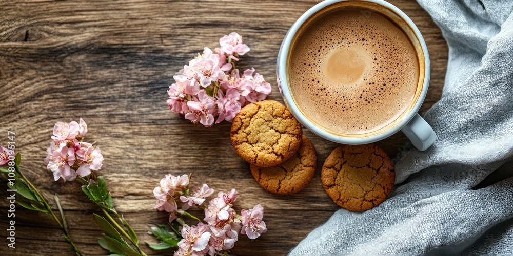 flowers on a wooden surface with coffee and cookies flowers on a wooden surface with coffee and cookies