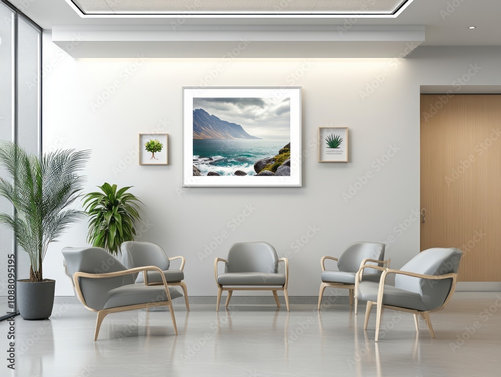 Fototapeta premium Coastal Landscape Adorns Modern Waiting Area