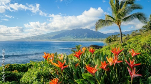 Hawaiian Paradise: Vibrant Flowers, Ocean, and Majestic Mountains
