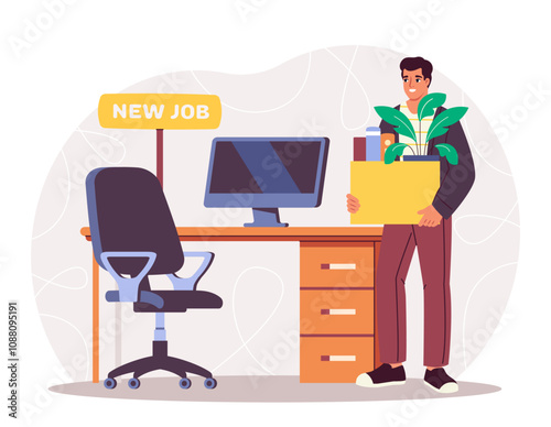 Man with new job. Young guy with box of things near empty table and chair. Manager and clerk at workplace. Welcome to work. Flat vector illustration