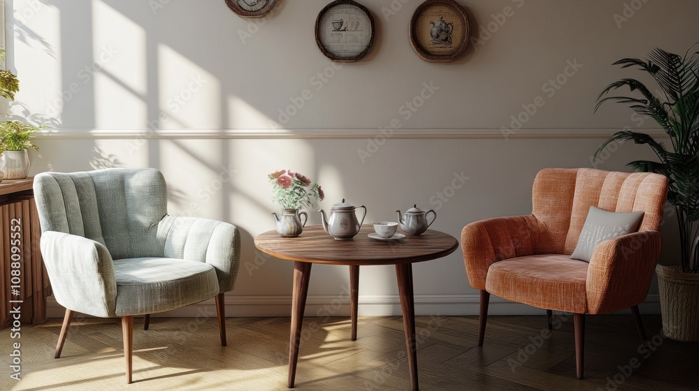Two armchairs with cushions, a round wooden table with a teapot and cups, flowers in a vase, and a plant in the corner Two armchairs with cushions, a round wooden table with a teapot and cups, flowers in a vase, and a plant in the corner