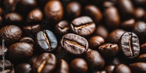 Background of freshly roasted coffee beans. Selective focus. Copy space. photo